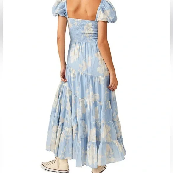 Free People Floral Print Sweetheart Neck Short Puff Sleeve Blue Maxi Dress Sz M - Picture 2 of 5